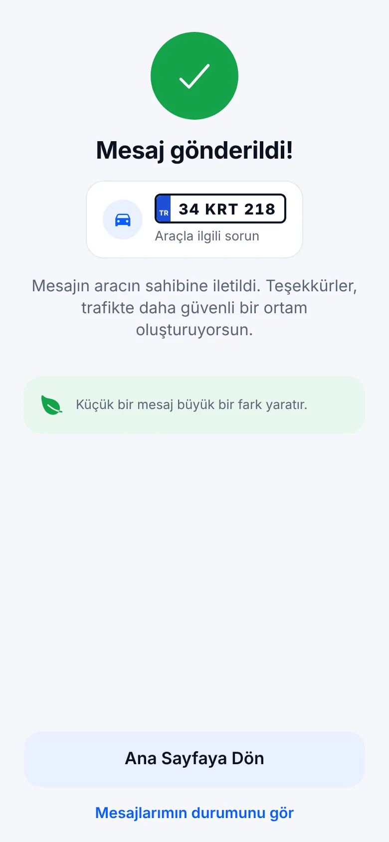 Mesaj gönderildi ekranı